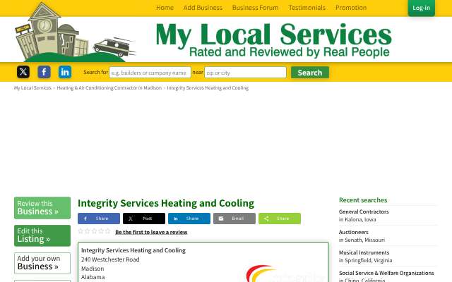 Integrity Services Heating and Cooling's page as the assistant saw it