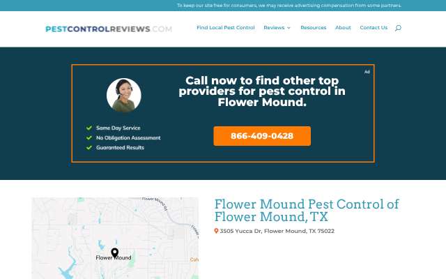 Flower Mound Pest Control's page as the assistant saw it