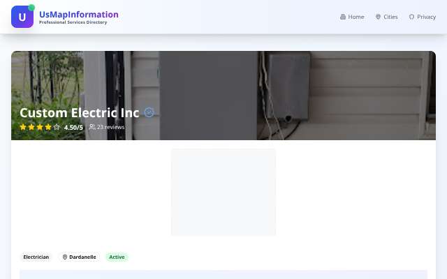 Custom Electric Inc's page as the assistant saw it