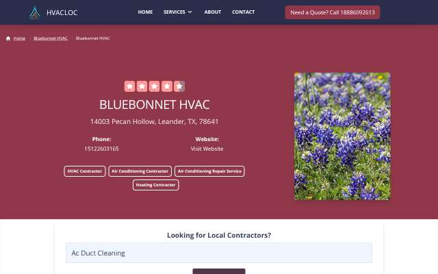 Bluebonnet HVAC's page as the assistant saw it