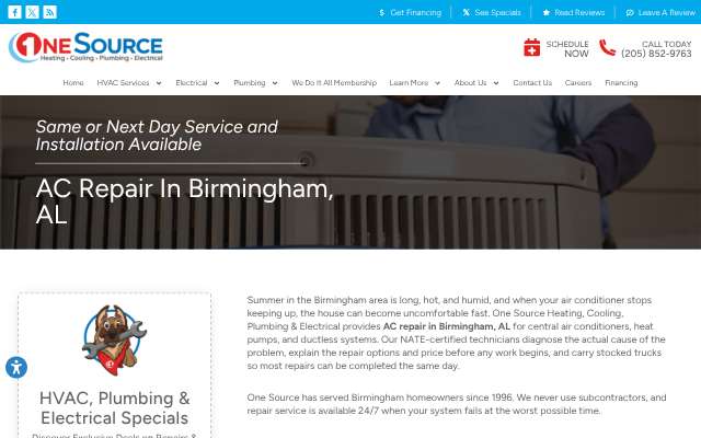 One Source Heating, Cooling, Plumbing & Electrical's page as the assistant saw it