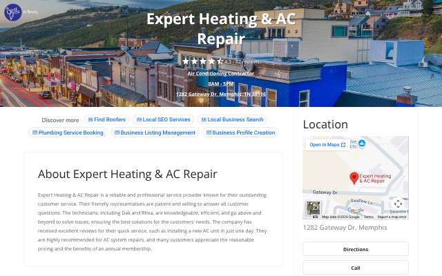 Expert Heating & AC Repair's page as the assistant saw it
