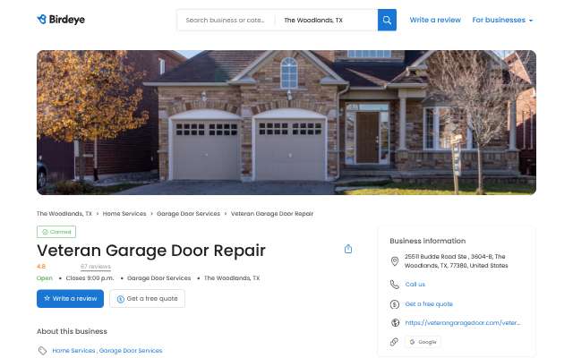 Veteran Garage Door Repair's page as the assistant saw it