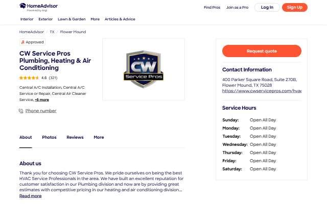CW Service Pros Plumbing, Heating & Air Conditioning's page as the assistant saw it