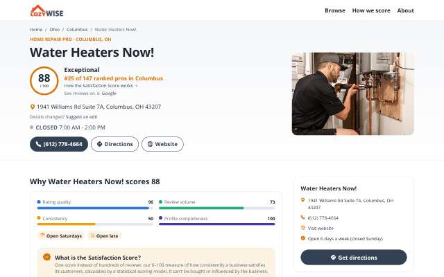 Water Heaters Now!'s page as the assistant saw it