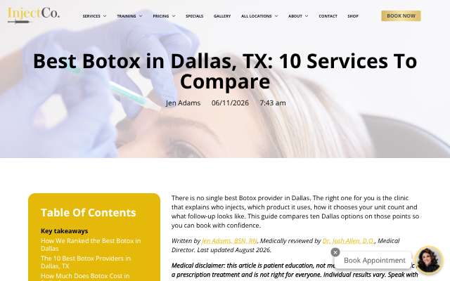 InjectCo MedSpa Dallas's page as the assistant saw it