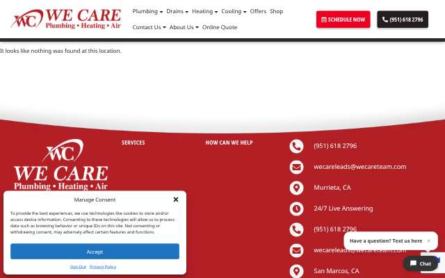 We Care Plumbing, Heating, & Air's page as the assistant saw it