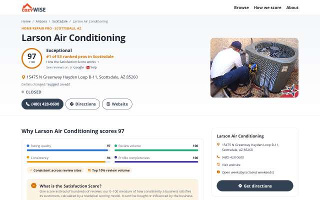 Larson Air Conditioning's page as the assistant saw it