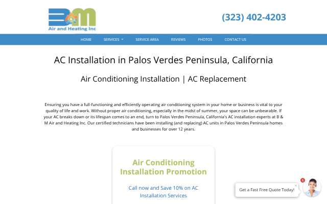 B & M Air and Heating Inc.'s page as the assistant saw it