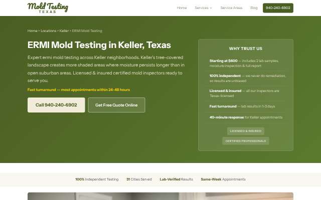 Mold Testing Fort Worth / Mold Testing Dallas's page as the assistant saw it