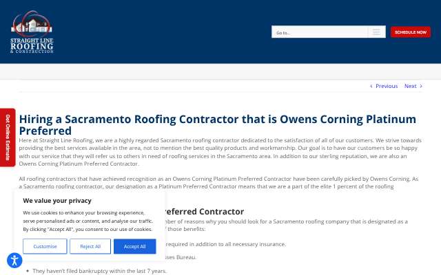 Straight Line Roofing's page as the assistant saw it