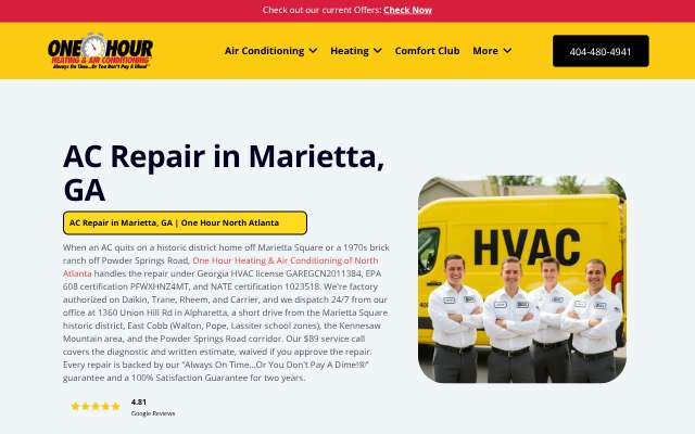 One Hour Heating & Air Conditioning of North Atlanta's page as the assistant saw it