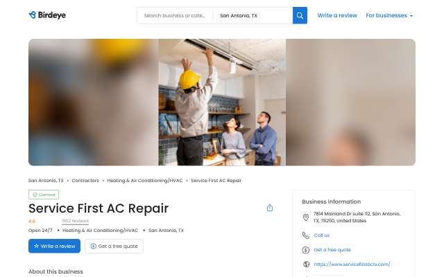 Service First AC Repair's page as the assistant saw it