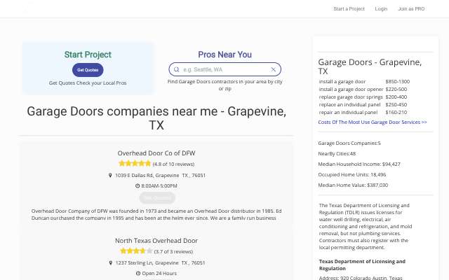 Overhead Door Co of DFW's page as the assistant saw it