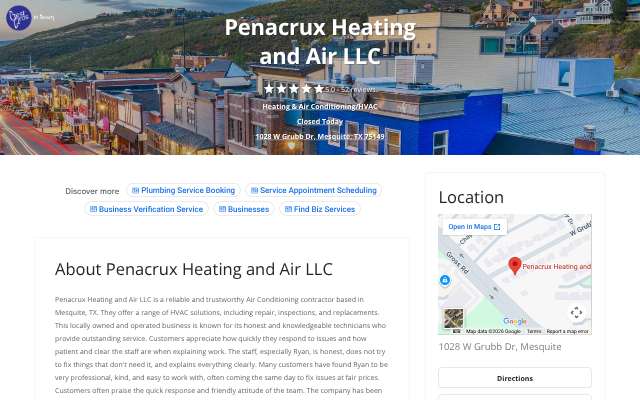 Penacrux Heating and Air LLC's page as the assistant saw it