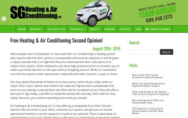 SG Heating & Air Conditioning's page as the assistant saw it