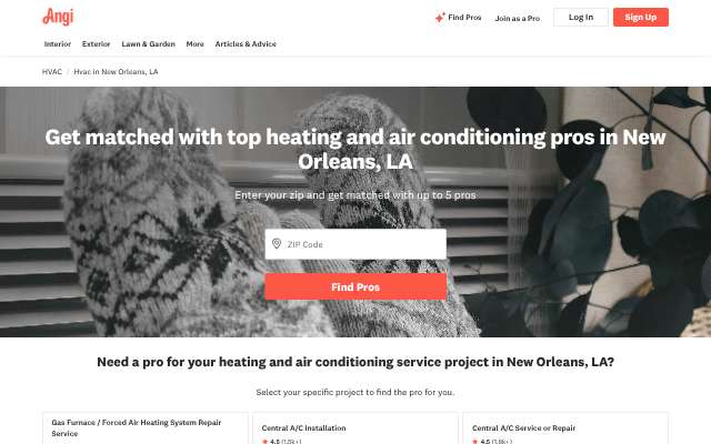 Angi New Orleans HVAC pros (Feniv's, Precise, Day and Knight)'s page as the assistant saw it