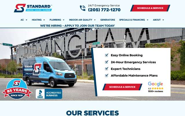 Standard Heating, Cooling and Plumbing's page as the assistant saw it