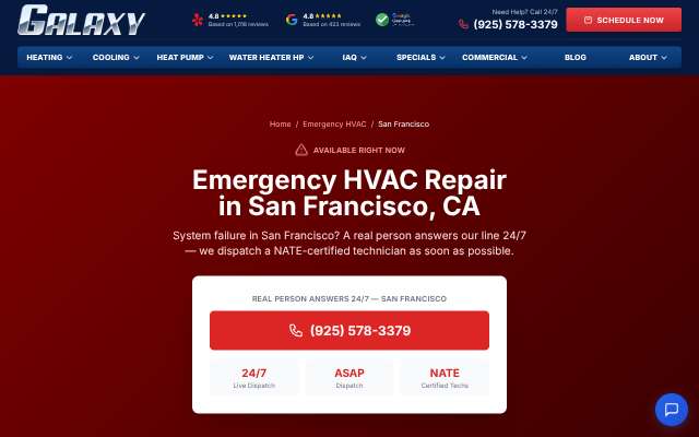 Galaxy Heating & Air Conditioning's page as the assistant saw it