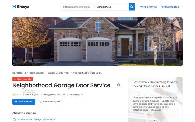 Neighborhood Garage Door Service's page as the assistant saw it