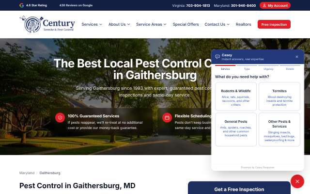 Century Termite & Pest Control's page as the assistant saw it