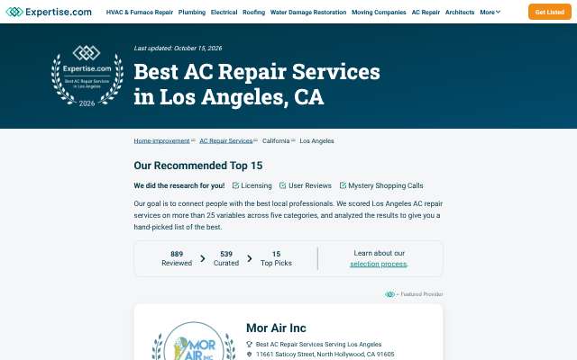 Expertise.com '15 Best Los Angeles AC Repair Services''s page as the assistant saw it