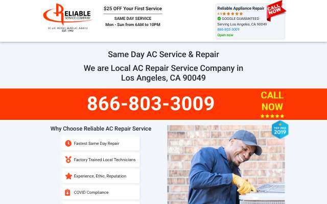 Reliable Air Conditioning's page as the assistant saw it