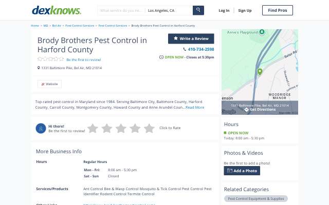Brody Brothers Pest Control's page as the assistant saw it