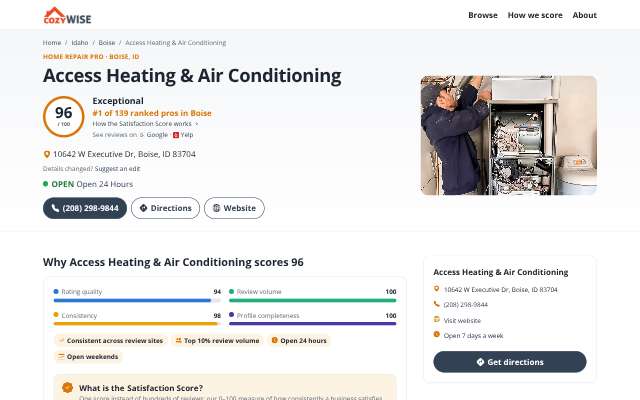 Access Heating & Air Conditioning's page as the assistant saw it