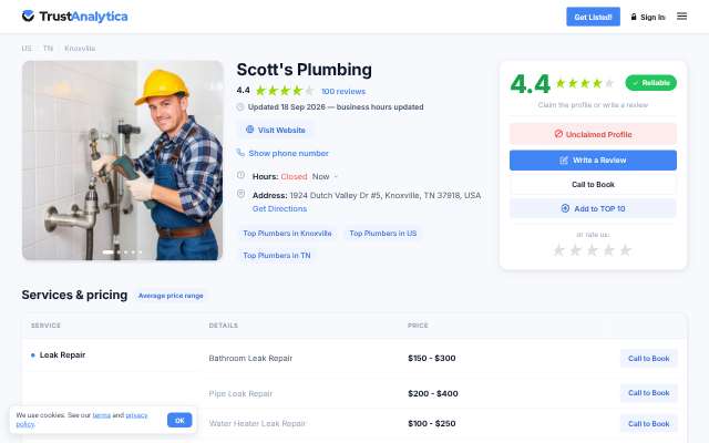 Scott's Plumbing's page as the assistant saw it