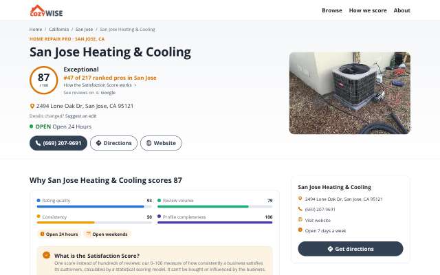San Jose Heating & Cooling's page as the assistant saw it