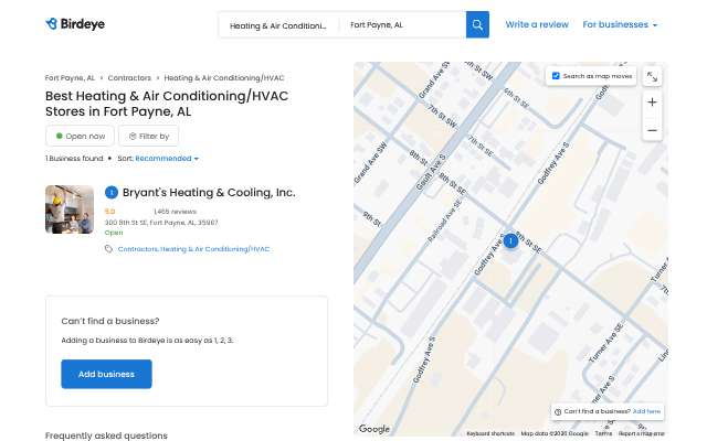 Bryant's Heating & Cooling, Inc.'s page as the assistant saw it