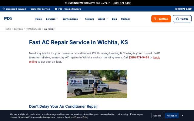 PD Plumbing Heating & Cooling's page as the assistant saw it