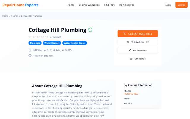 Cottage Hill Plumbing's page as the assistant saw it