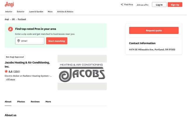 Jacobs Heating & Air Conditioning's page as the assistant saw it