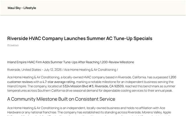 Ace Home Heating & Air Conditioning's page as the assistant saw it