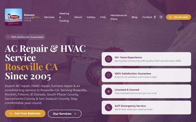 Romano Heating & Cooling's page as the assistant saw it