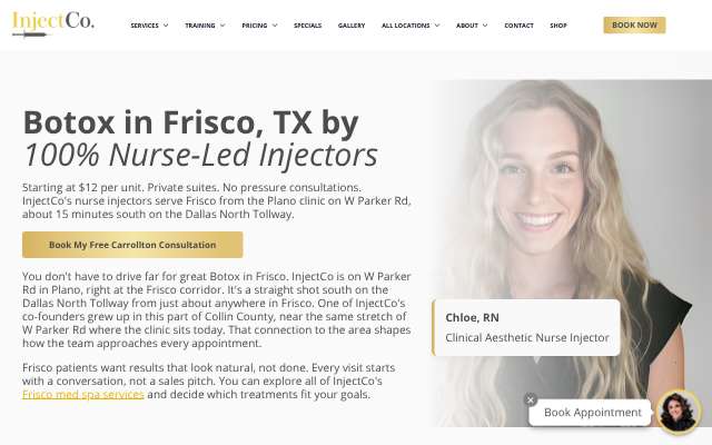 InjectCo MedSpa (serving Frisco from Plano)'s page as the assistant saw it