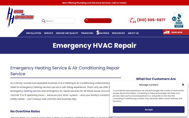 H & H Heating & Air's page as the assistant saw it