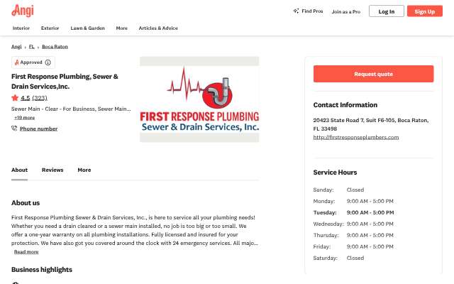 First Response Plumbing, Sewer & Drain Services, Inc.'s page as the assistant saw it