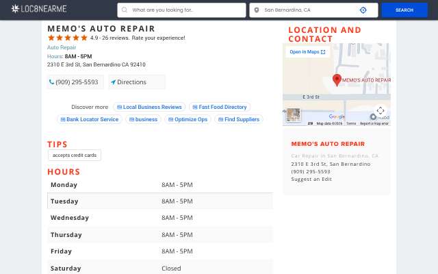 Memo's Auto Repair's page as the assistant saw it