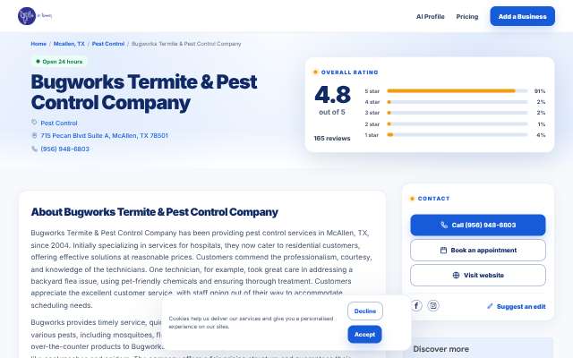 Bugworks Termite & Pest Control Company's page as the assistant saw it