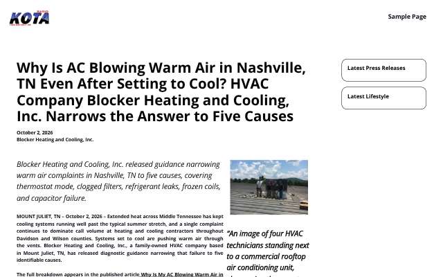 Blocker Heating and Cooling, Inc.'s page as the assistant saw it