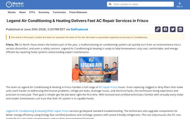 Legend Air Conditioning & Heating's page as the assistant saw it