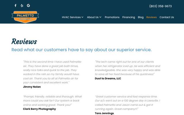 Palmetto Air Conditioning's page as the assistant saw it