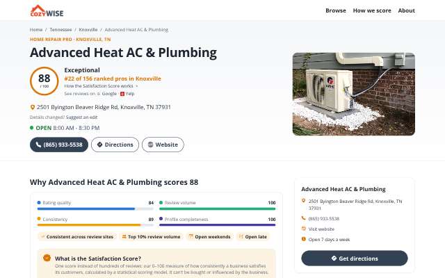 Advanced Heat AC & Plumbing's page as the assistant saw it
