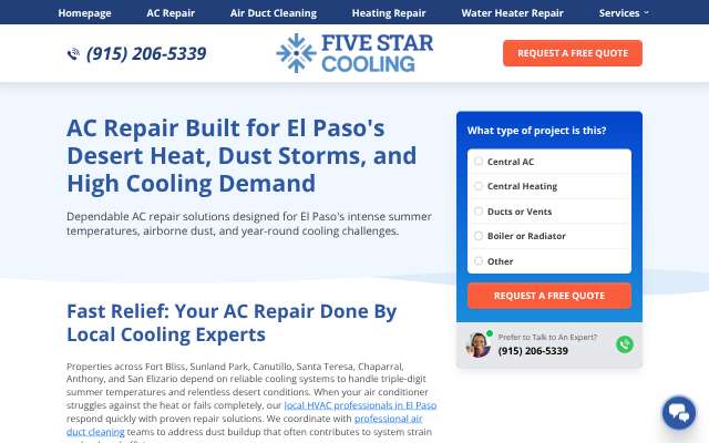 Five Star Cooling (acrepairelpasotx.com)'s page as the assistant saw it