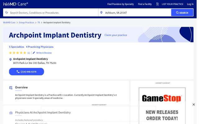 ARCHPOINT Implant Dentistry's page as the assistant saw it