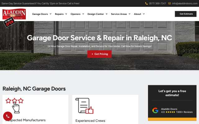 Aladdin Garage Doors (Raleigh)'s page as the assistant saw it