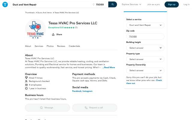 Texas HVAC Pro Services LLC's page as the assistant saw it